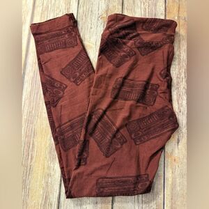 Red Brown Leggings with Radio Print